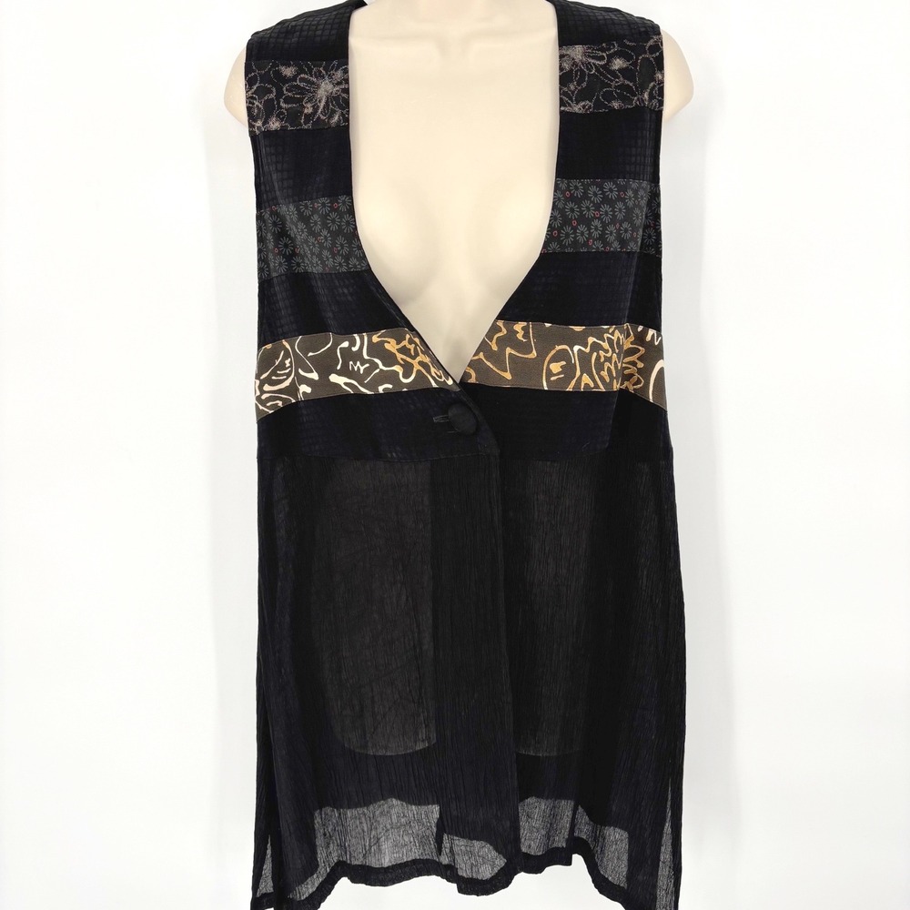 Yasuko Womens Mixed Media Patchwork Longline Vest Black Silk Tencel S/M USA Made